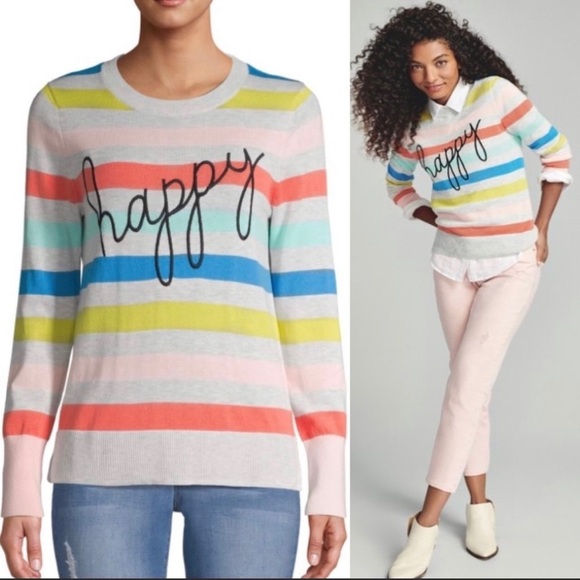 Time and Tru Sweaters - Happy Embroidered Fun Striped Sweater Large 12-14 Time and Tru Multicolor